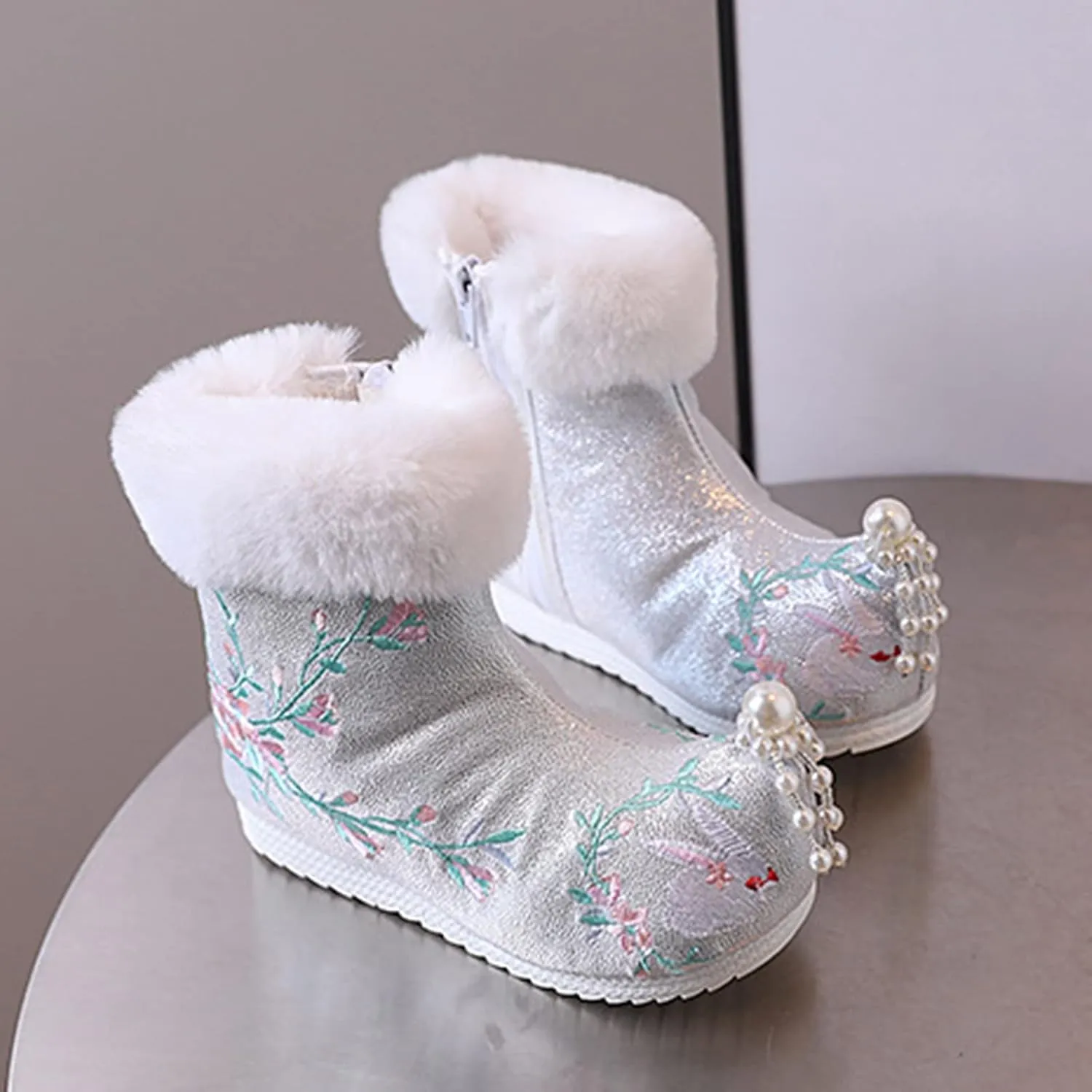 Girls Ankle Pearl Boots Warm Cotton Boots Embroidered Boots National Boots Princess Cotton Boots High Boots Size 6