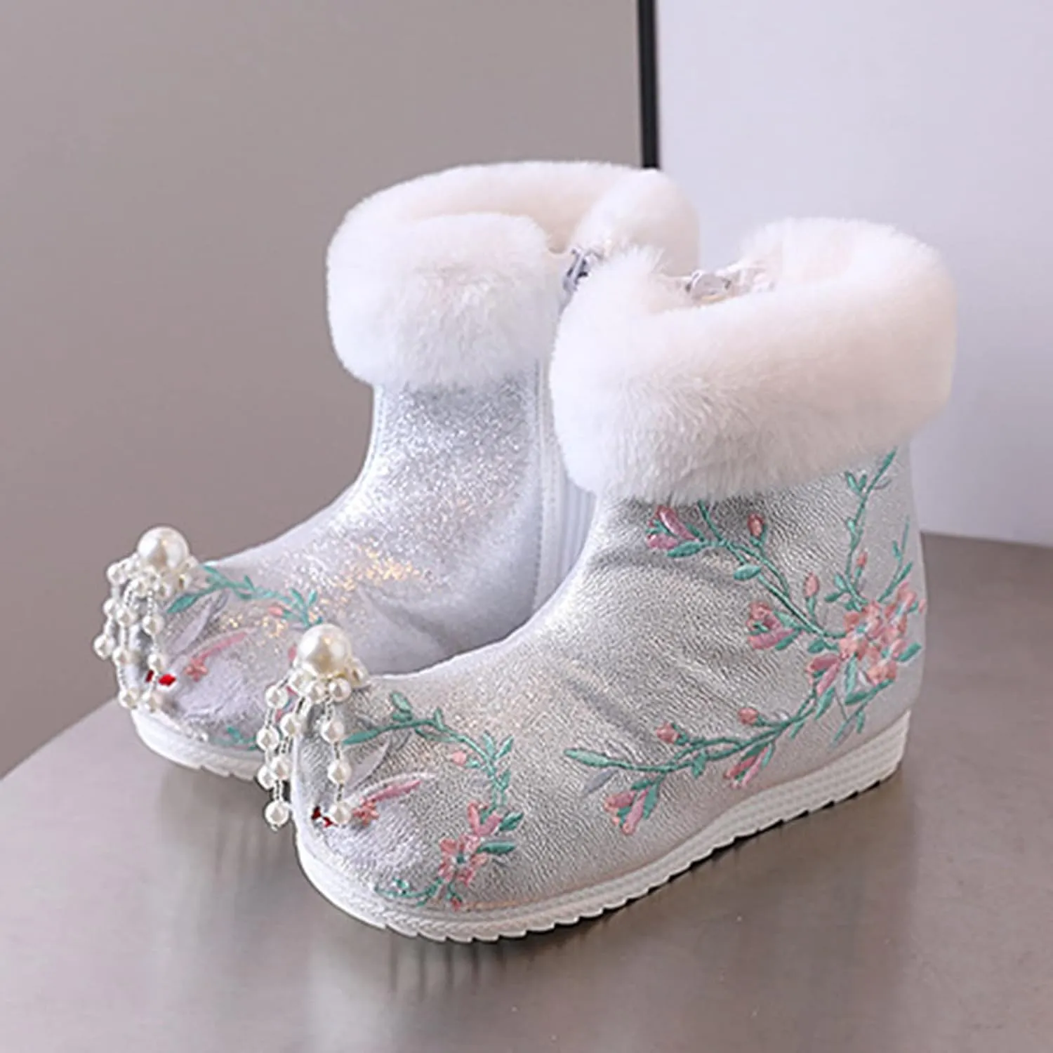 Girls Ankle Pearl Boots Warm Cotton Boots Embroidered Boots National Boots Princess Cotton Boots High Boots Size 6