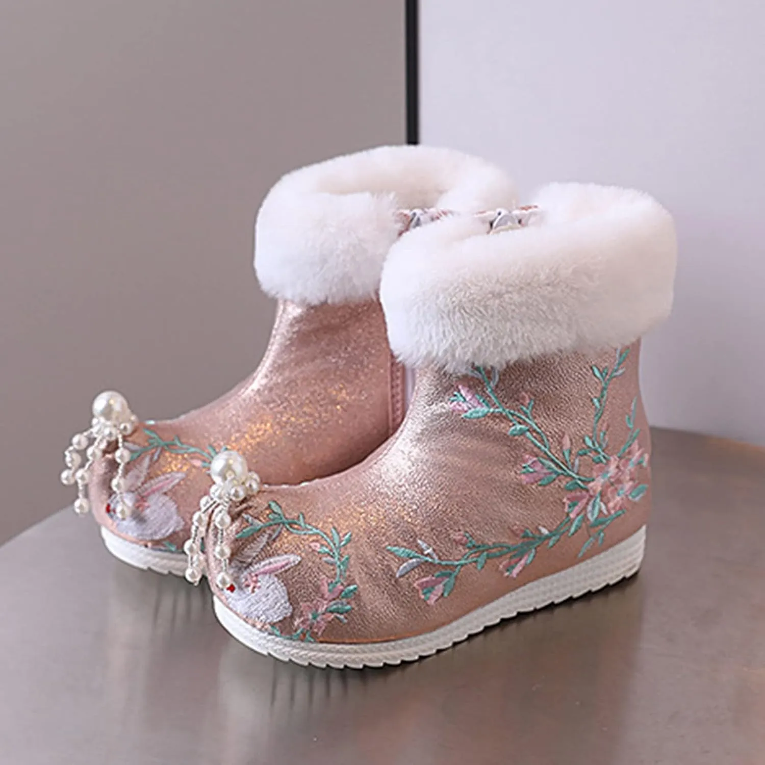 Girls Ankle Pearl Boots Warm Cotton Boots Embroidered Boots National Boots Princess Cotton Boots High Boots Size 6