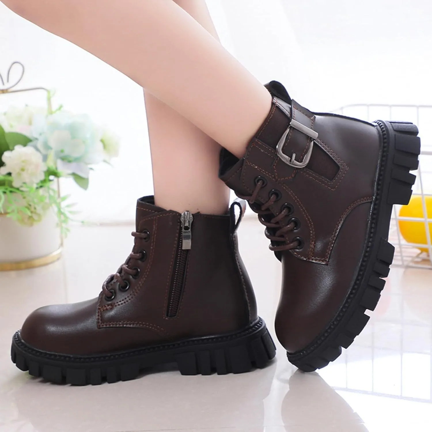 Girl's Combat Boots Ankle Booties Lace Up Side Zipper Riding Boots Faux Leather Short Booties (Little Kid/Big Kid)