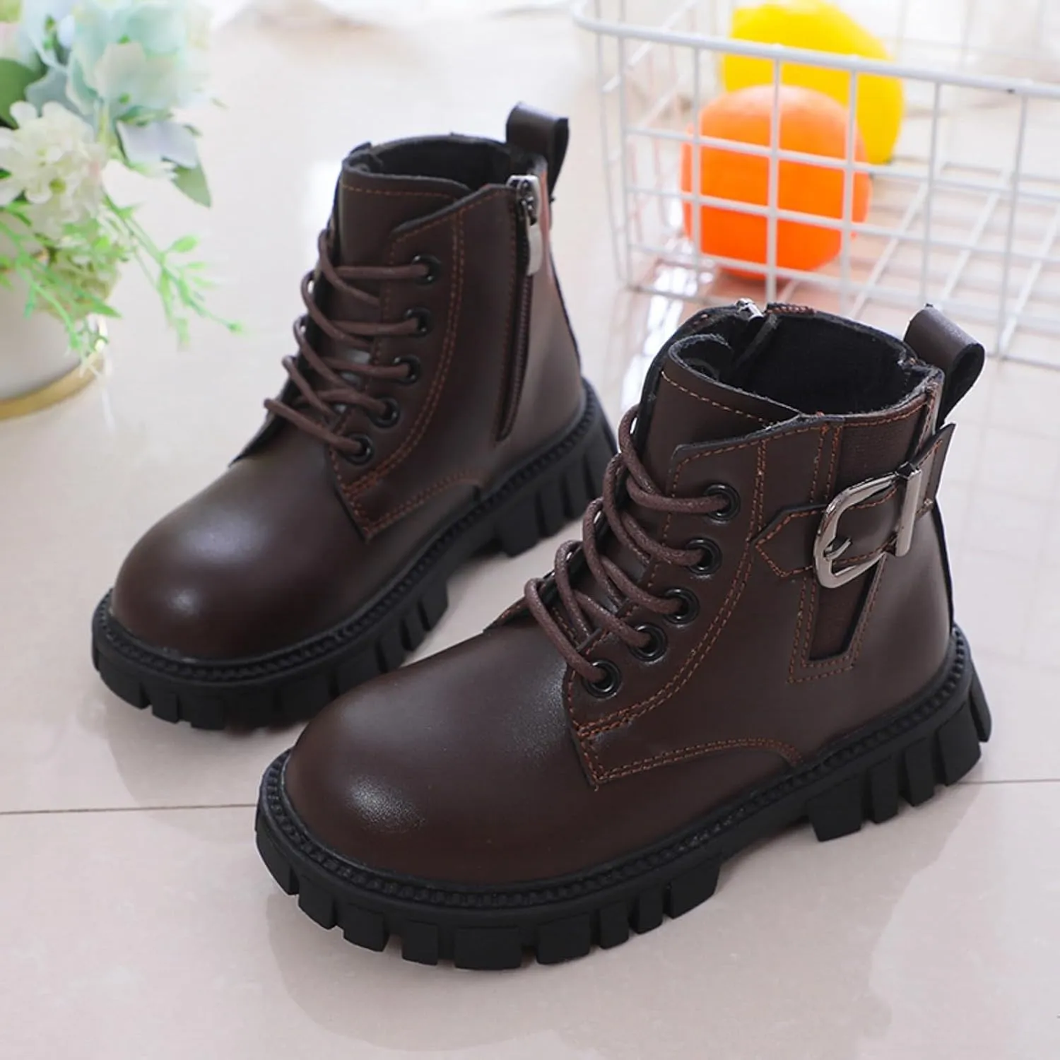 Girl's Combat Boots Ankle Booties Lace Up Side Zipper Riding Boots Faux Leather Short Booties (Little Kid/Big Kid)