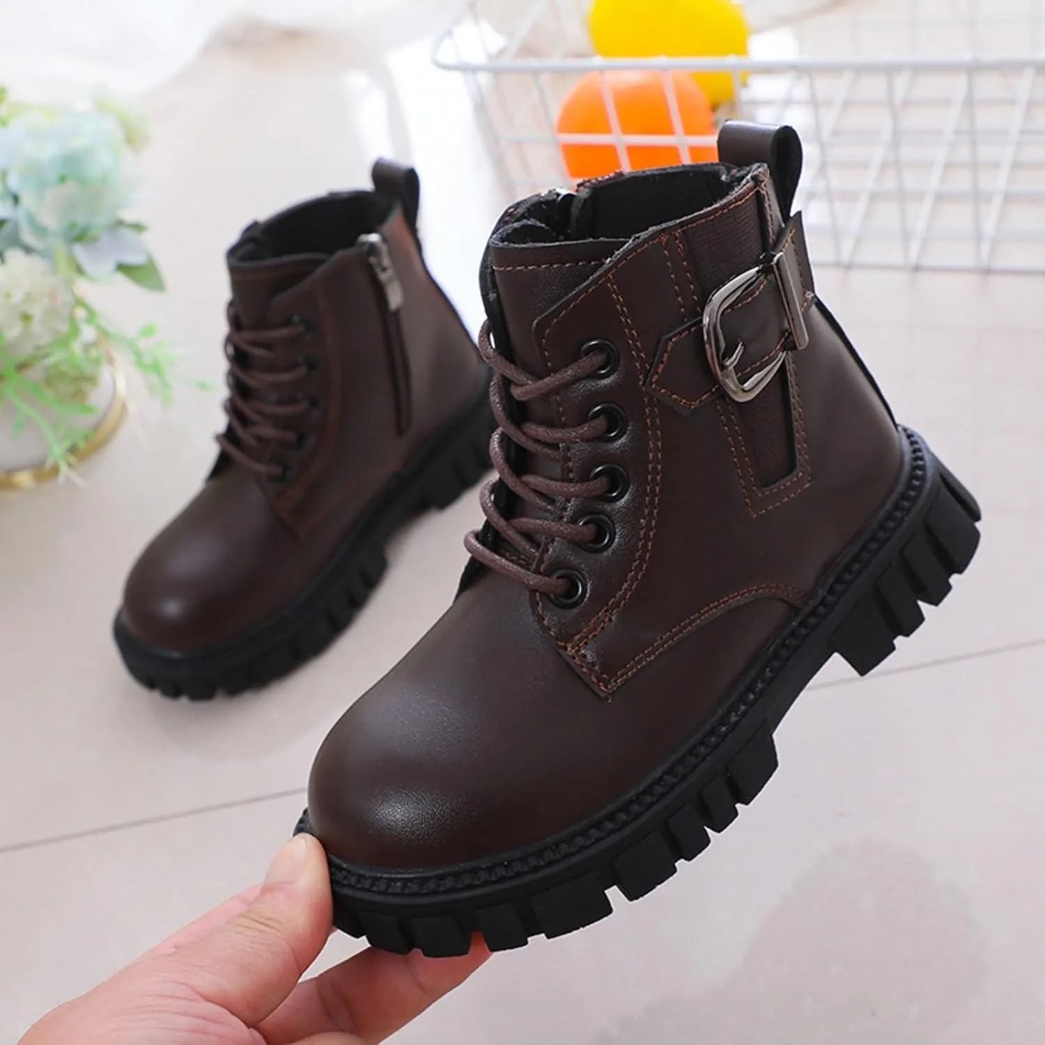 Girl's Combat Boots Ankle Booties Lace Up Side Zipper Riding Boots Faux Leather Short Booties (Little Kid/Big Kid)