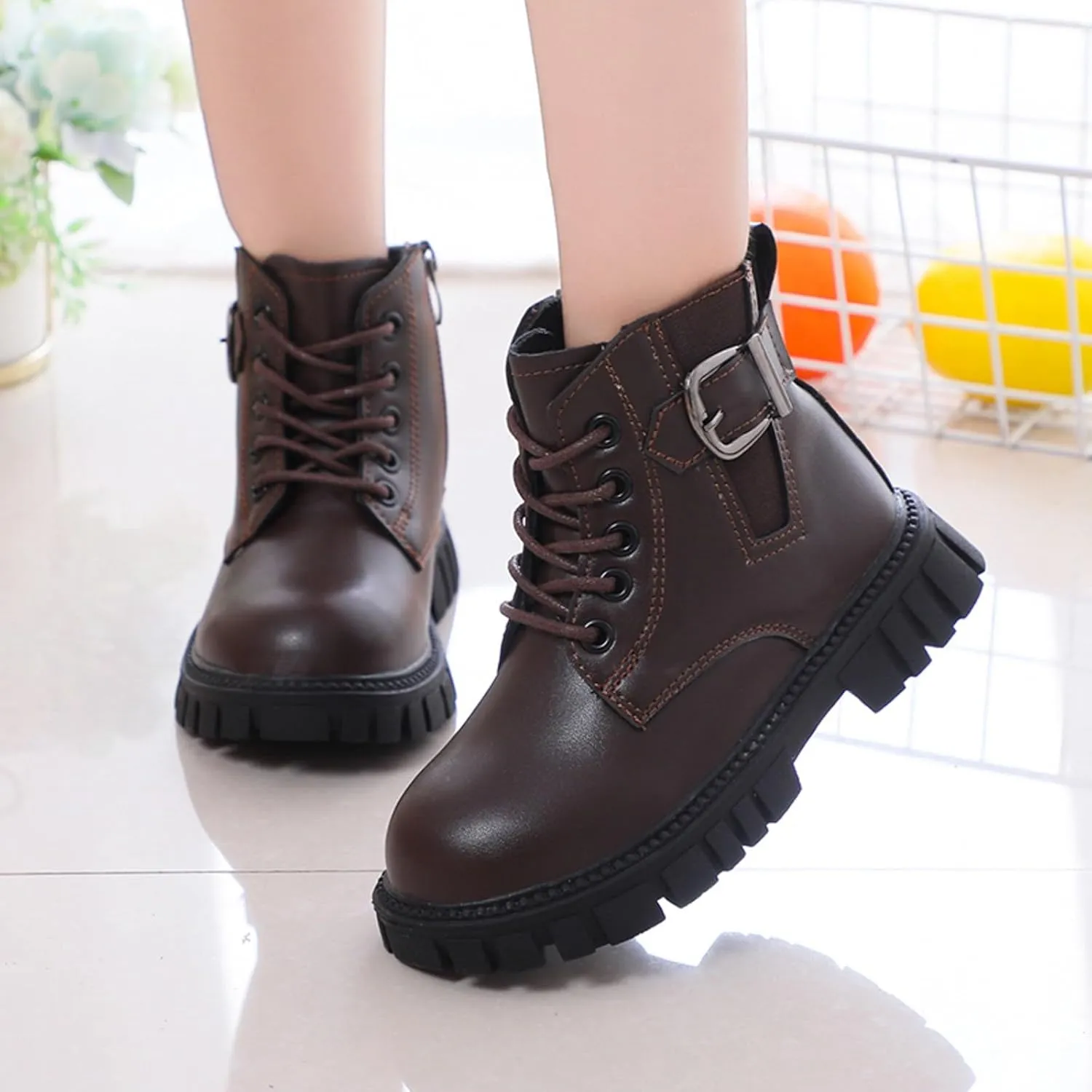 Girl's Combat Boots Ankle Booties Lace Up Side Zipper Riding Boots Faux Leather Short Booties (Little Kid/Big Kid)