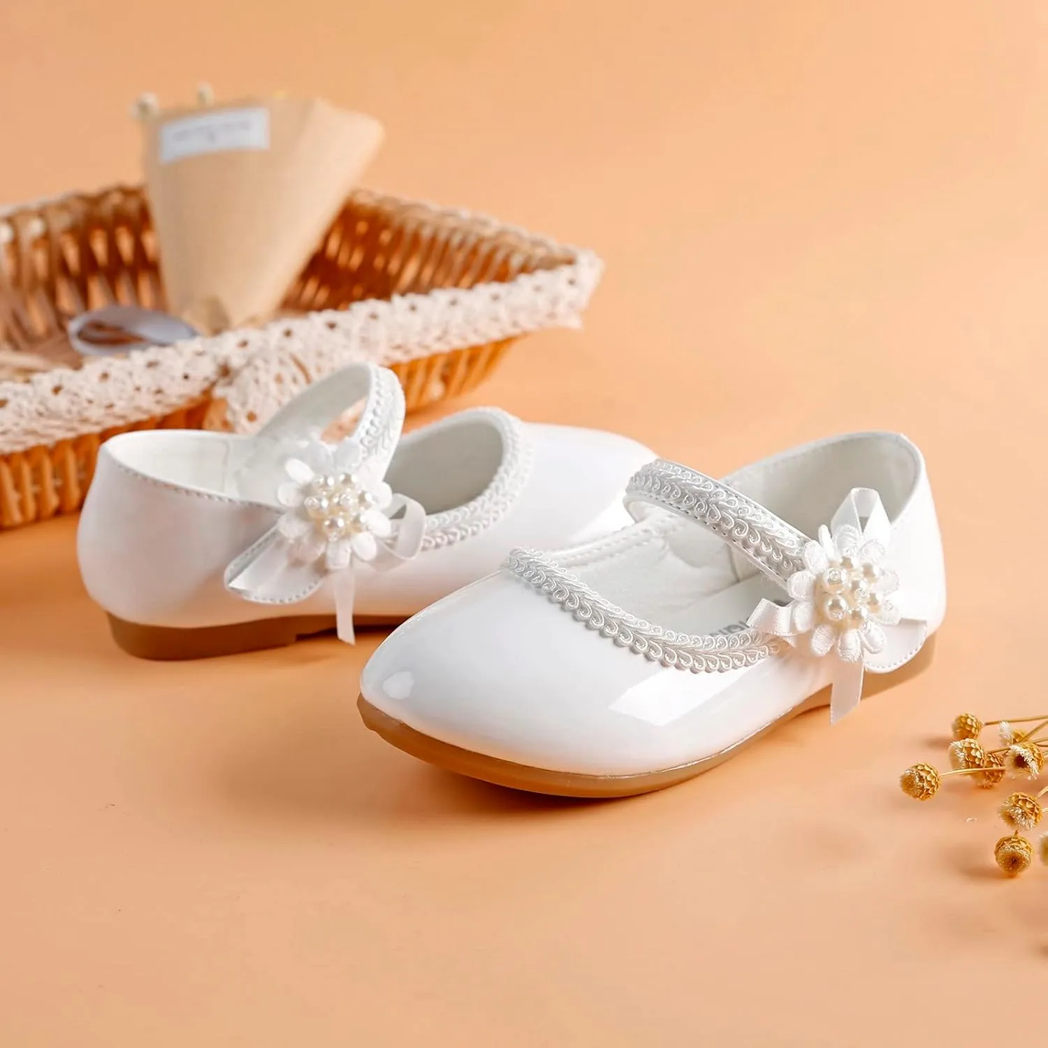 Girls Dress Shoes Mary Jane Ballet Flats Toddler Flower Girl School Party Wedding Shoes with Flower