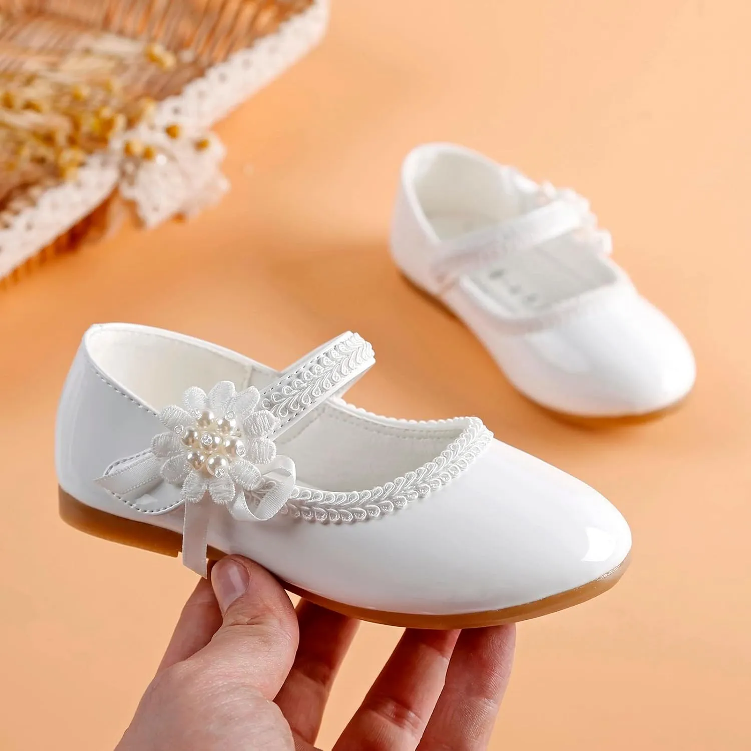 Girls Dress Shoes Mary Jane Ballet Flats Toddler Flower Girl School Party Wedding Shoes with Flower