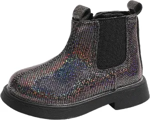 Girls Glitter Ankle Boots Side Zipper Short Booties Kids Slip On Platform Short Boots Elastic Low Heel Boot Shoes