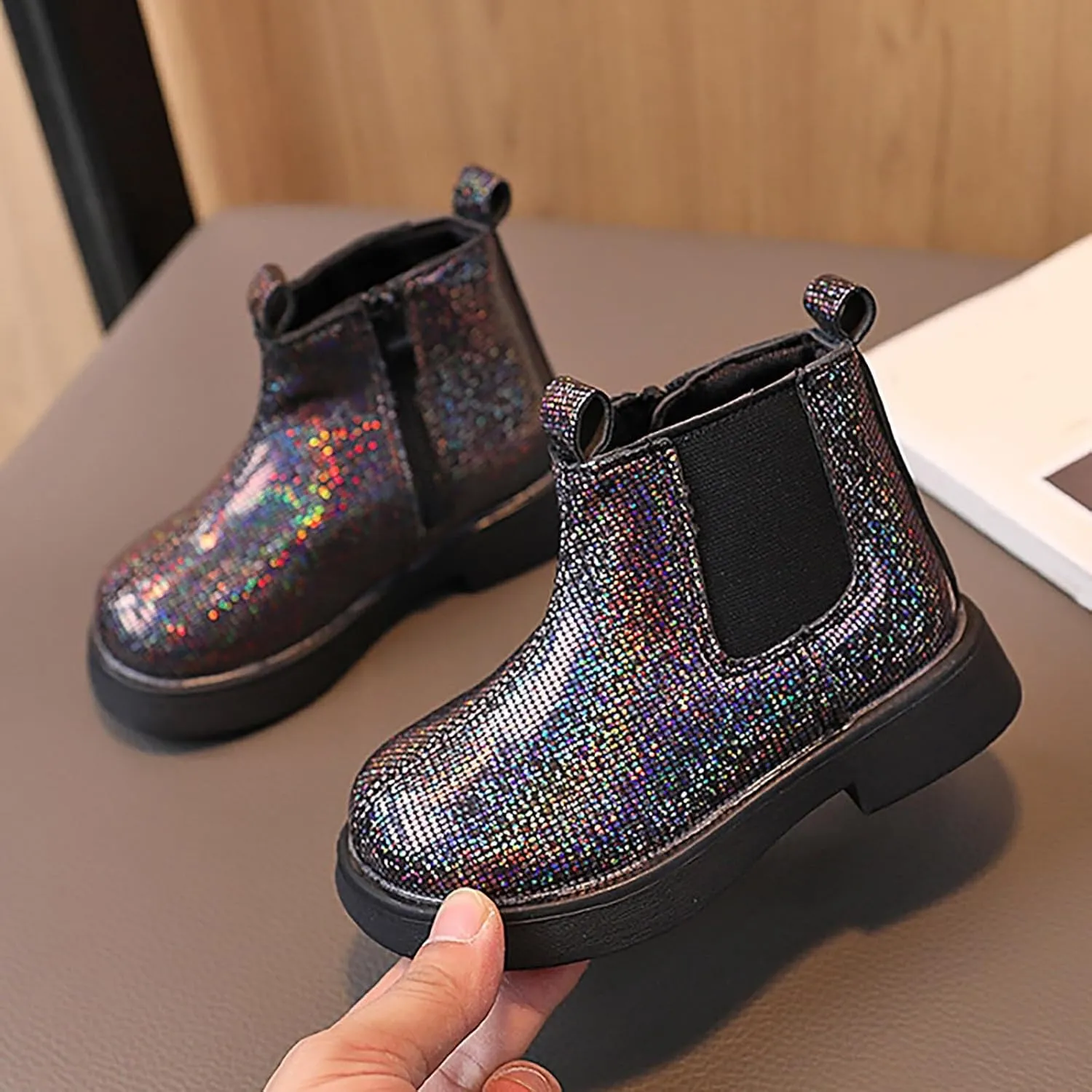 Girls Glitter Ankle Boots Side Zipper Short Booties Kids Slip On Platform Short Boots Elastic Low Heel Boot Shoes