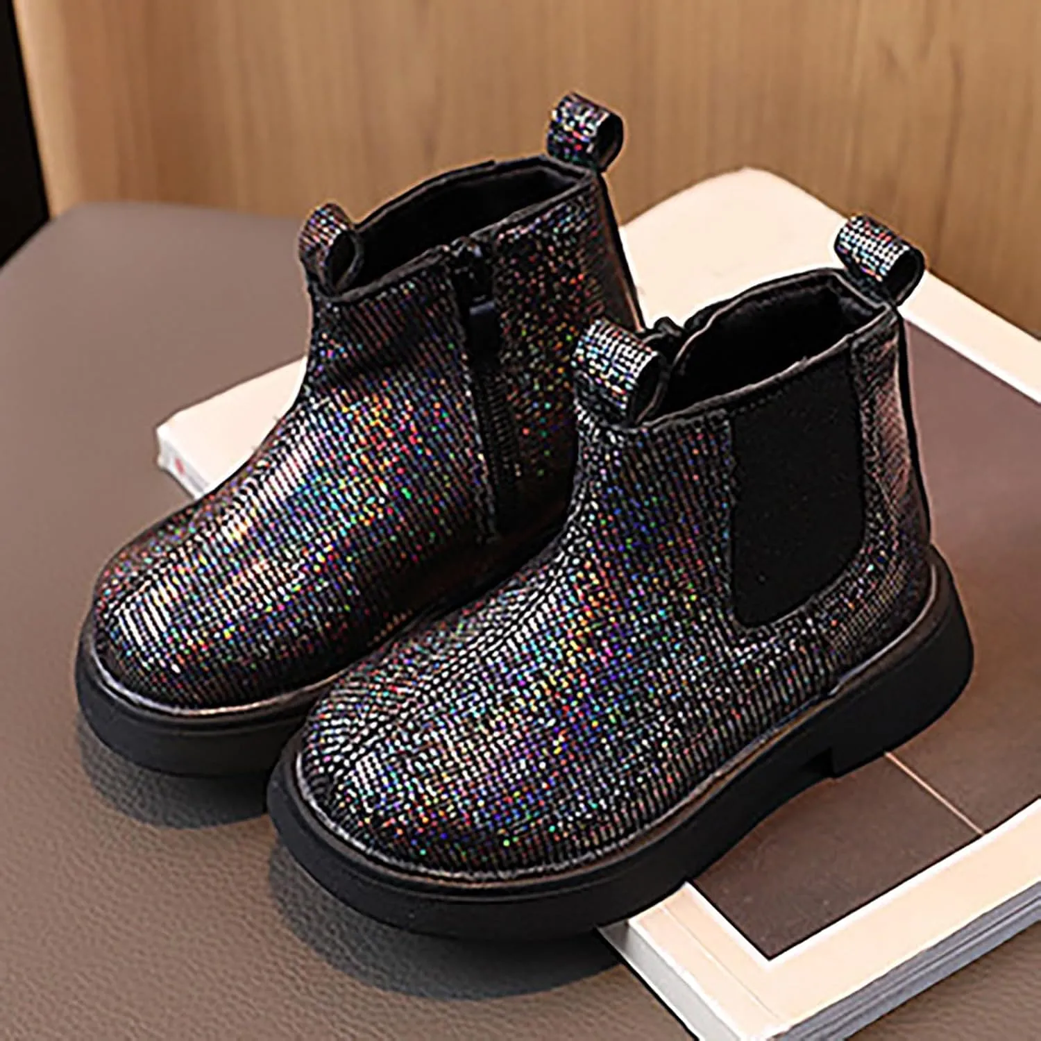 Girls Glitter Ankle Boots Side Zipper Short Booties Kids Slip On Platform Short Boots Elastic Low Heel Boot Shoes