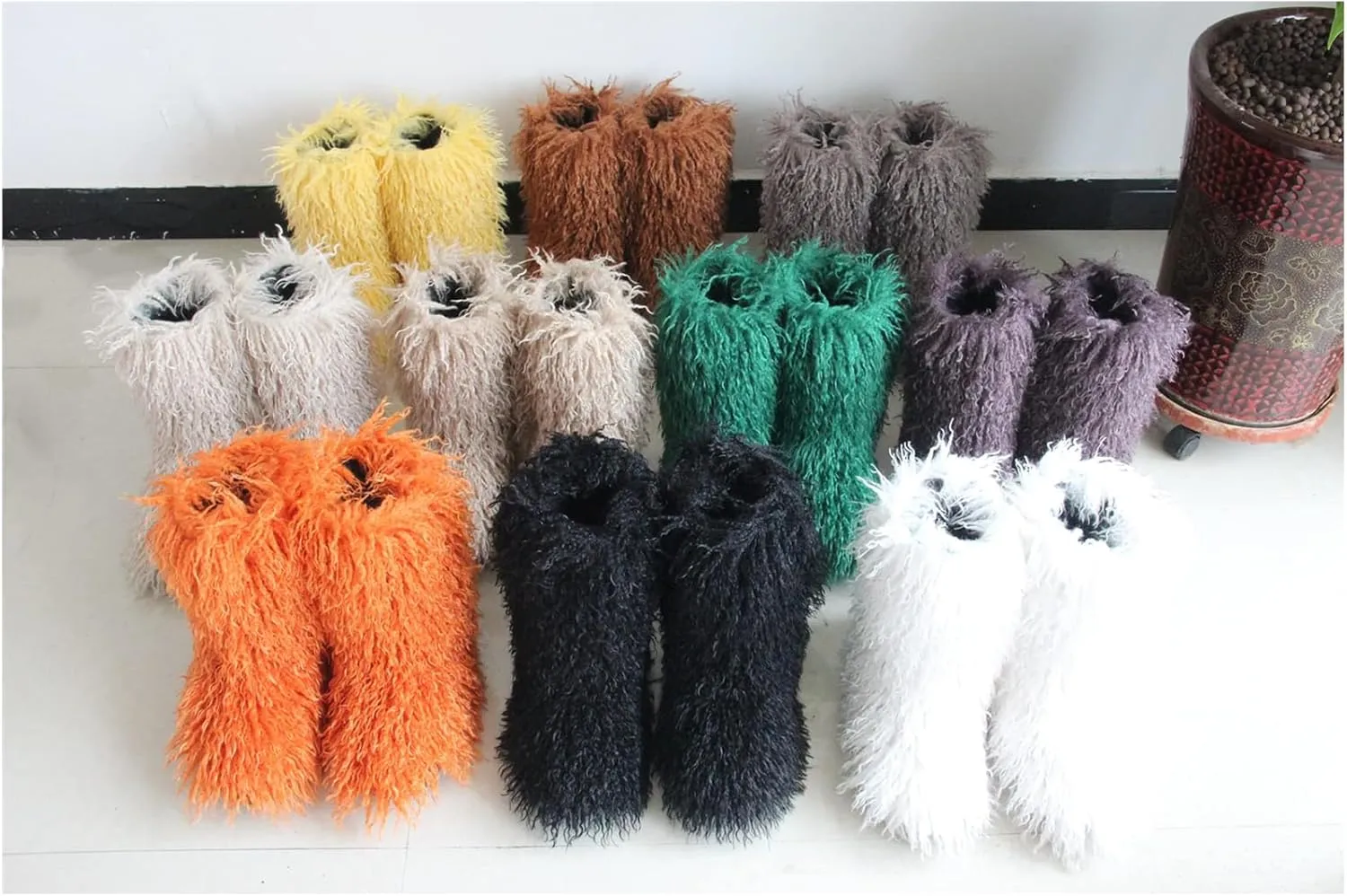 HINDOLA Womens Faux Fur Boots Plush Warm Snow Boots Fuzzy Fluffy Furry Round Toe Suede Boots Comfortable Winter Ankle Booties Anti Slip Outdoor Indoor Flat Shoes