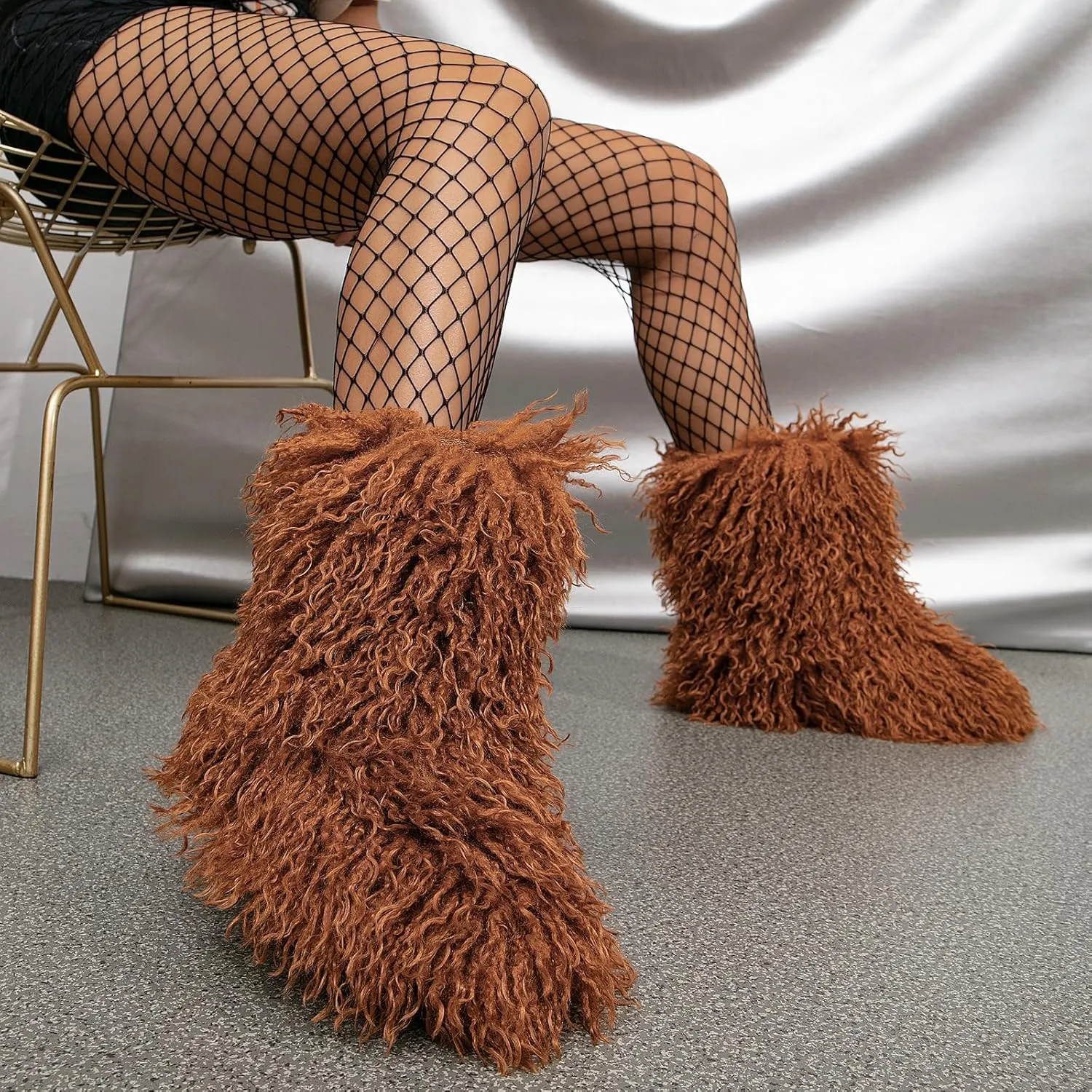 HINDOLA Womens Faux Fur Boots Plush Warm Snow Boots Fuzzy Fluffy Furry Round Toe Suede Boots Comfortable Winter Ankle Booties Anti Slip Outdoor Indoor Flat Shoes