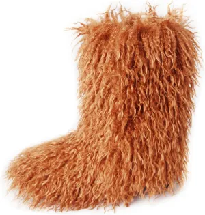 HINDOLA Womens Faux Fur Boots Plush Warm Snow Boots Fuzzy Fluffy Furry Round Toe Suede Boots Comfortable Winter Ankle Booties Anti Slip Outdoor Indoor Flat Shoes