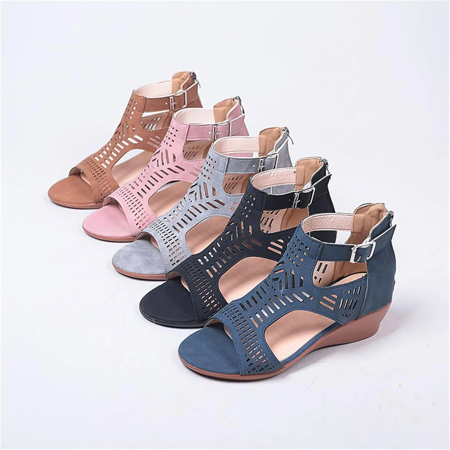 HINDOLA Women's Wedge Espadrilles Sandals Low Heels Ankle Strap Buckle Summer Sandals Casual Open Toe Fashion Cutout Beach Sandal