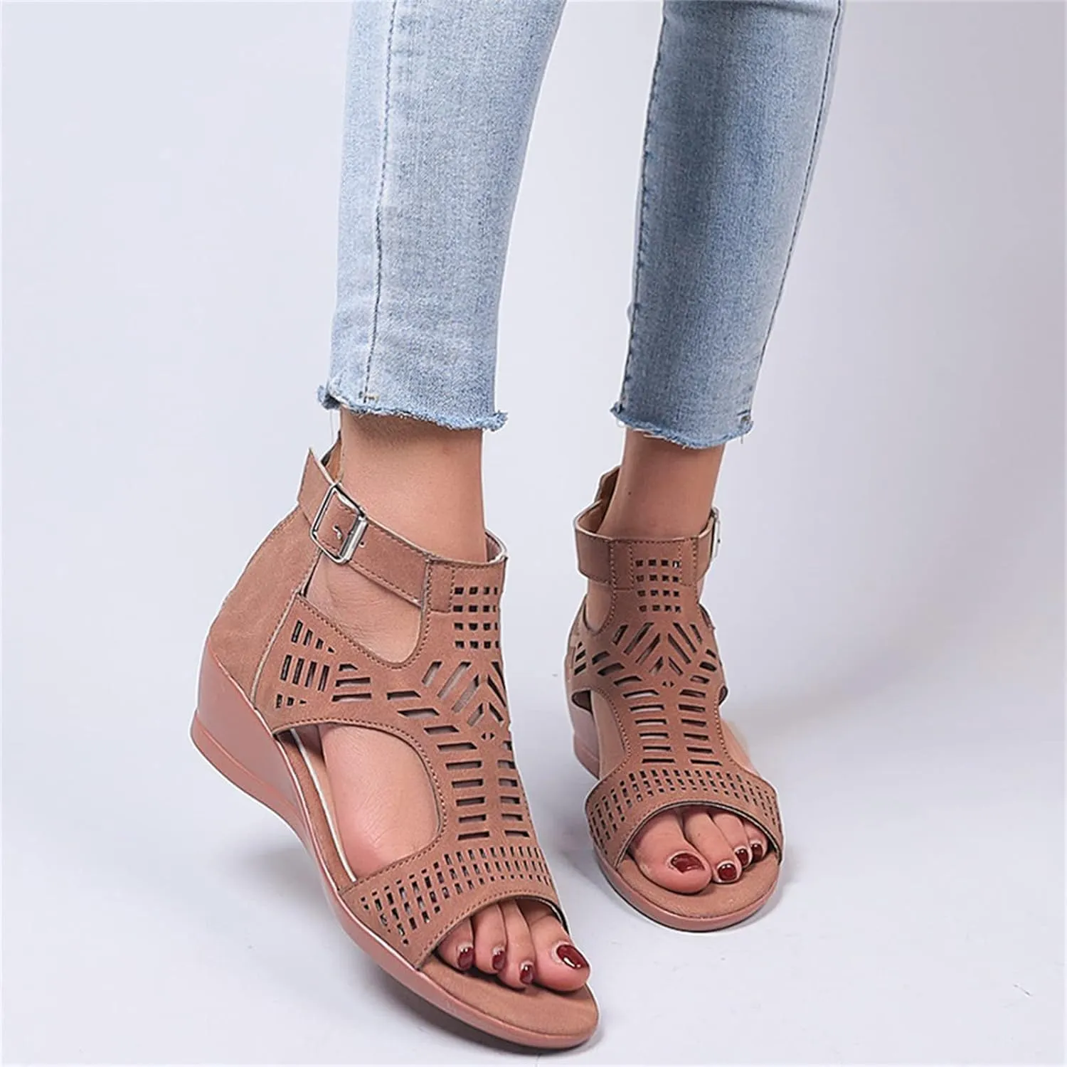 HINDOLA Women's Wedge Espadrilles Sandals Low Heels Ankle Strap Buckle Summer Sandals Casual Open Toe Fashion Cutout Beach Sandal