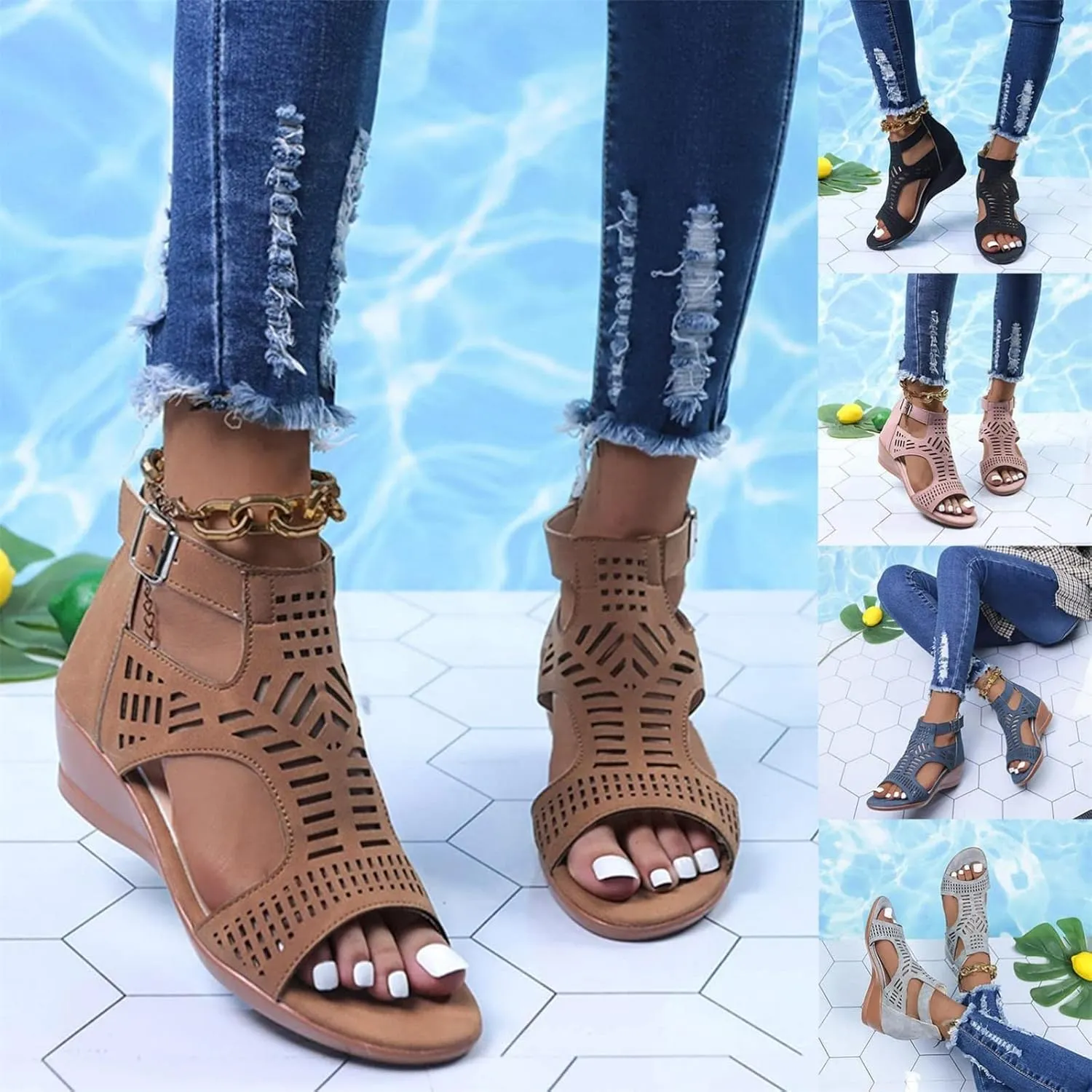 HINDOLA Women's Wedge Espadrilles Sandals Low Heels Ankle Strap Buckle Summer Sandals Casual Open Toe Fashion Cutout Beach Sandal