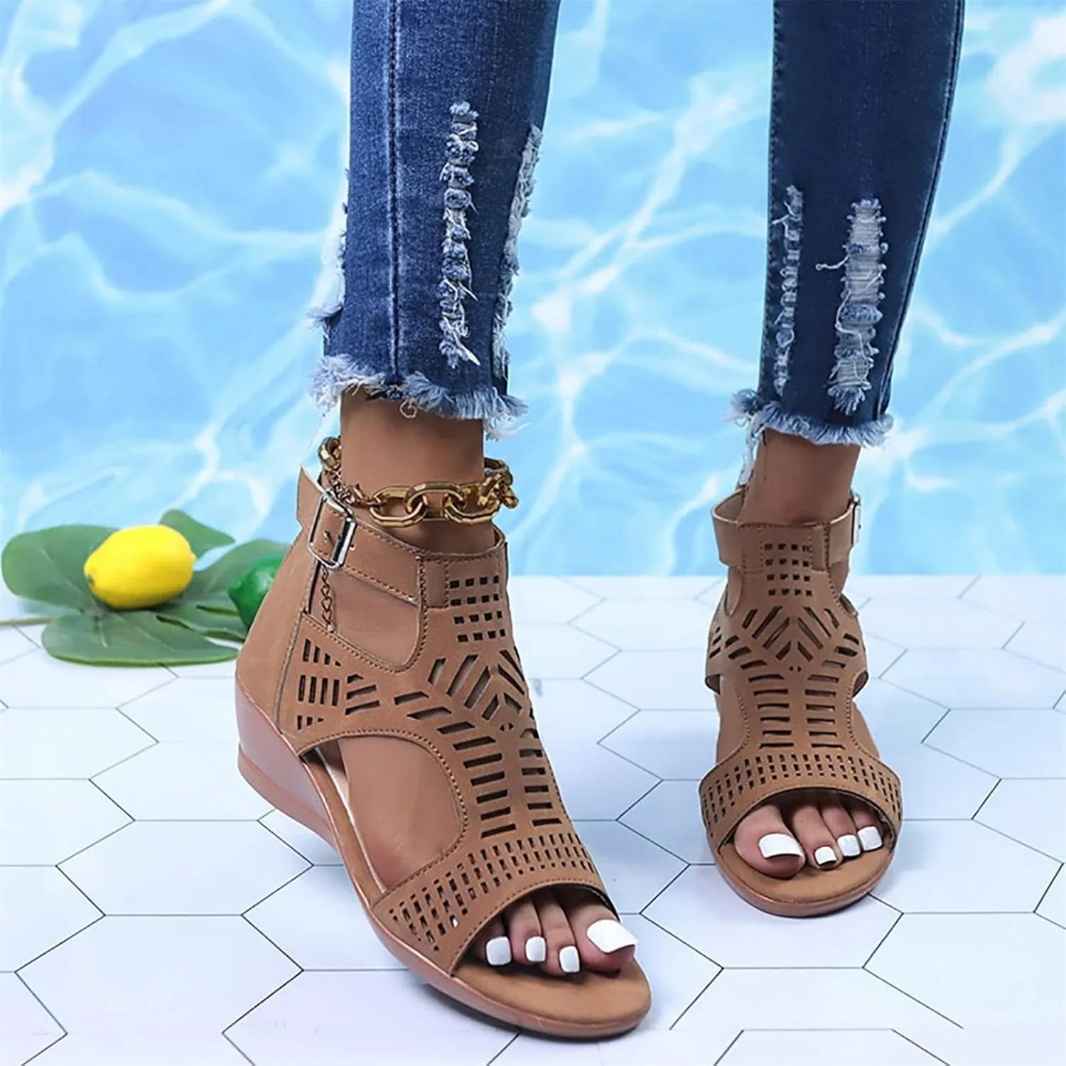 HINDOLA Women's Wedge Espadrilles Sandals Low Heels Ankle Strap Buckle Summer Sandals Casual Open Toe Fashion Cutout Beach Sandal