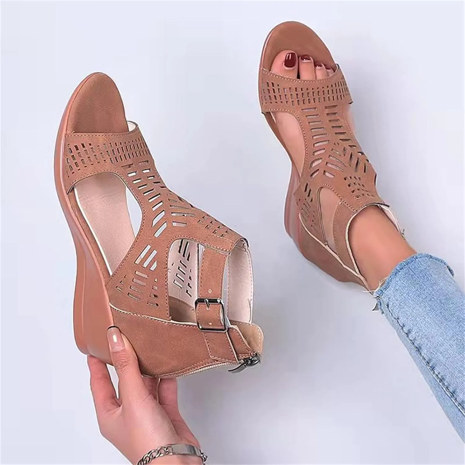 HINDOLA Women's Wedge Espadrilles Sandals Low Heels Ankle Strap Buckle Summer Sandals Casual Open Toe Fashion Cutout Beach Sandal