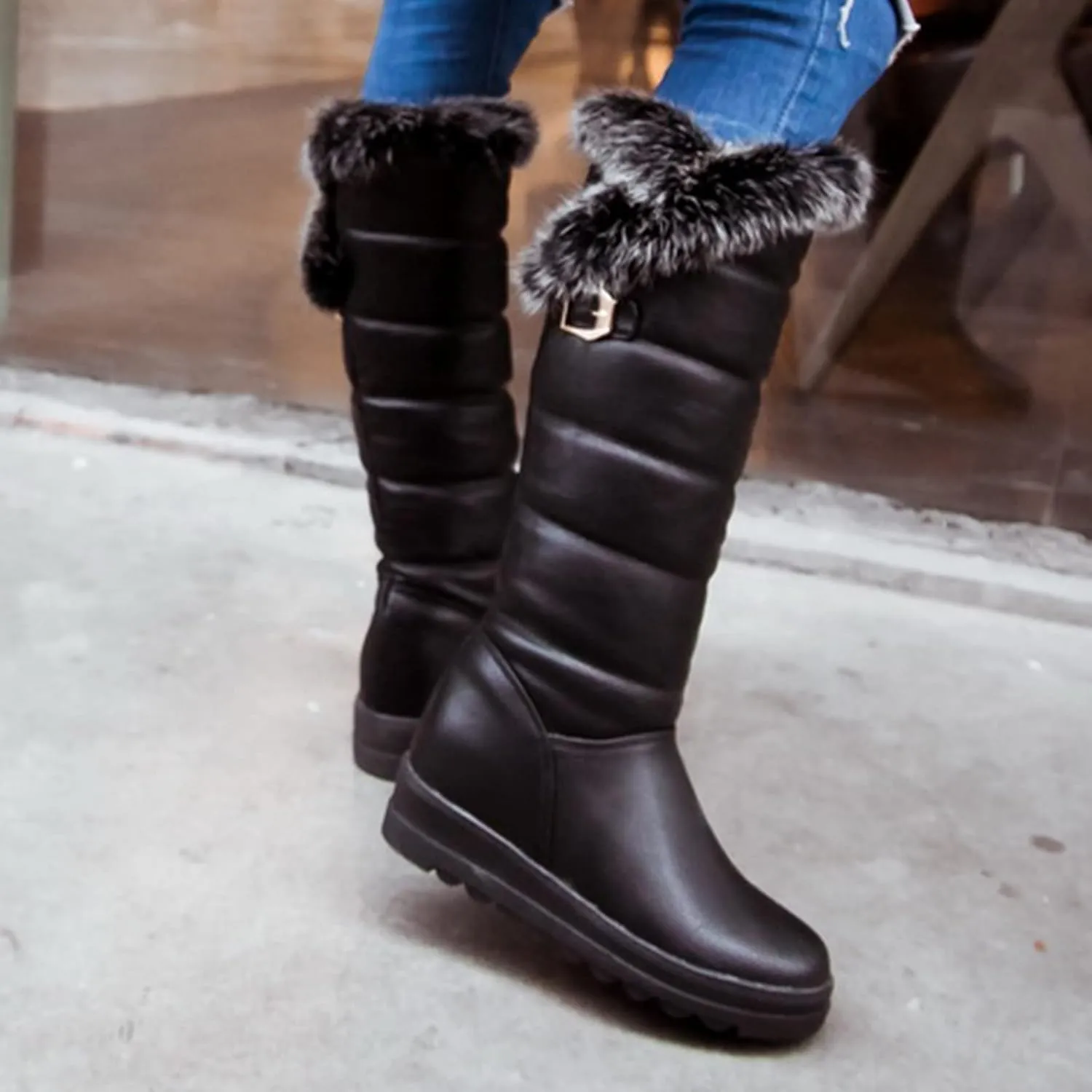 hlysgo Warm Winter Women Knee High Snow Boots Waterproof Faux Fur Lined Fleece Fuzzy Casual Booties