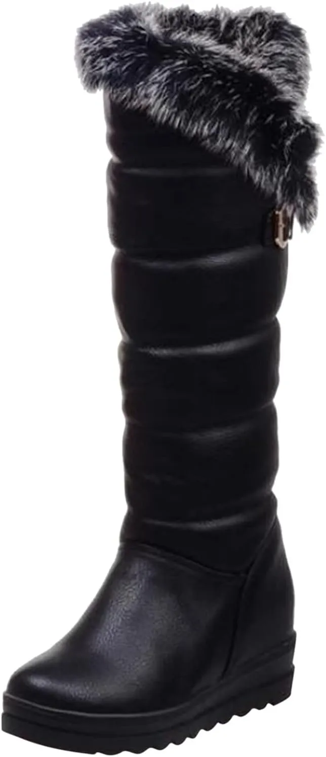hlysgo Warm Winter Women Knee High Snow Boots Waterproof Faux Fur Lined Fleece Fuzzy Casual Booties
