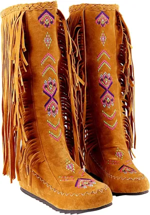 Inornever Knee High Boots for Women Moccasins Embroidered Fringe Booties Cowboy Winter Comfortable Warm Vintage Flat Heel Cowgirl Western Suede Long Snow Tassel Boots 11