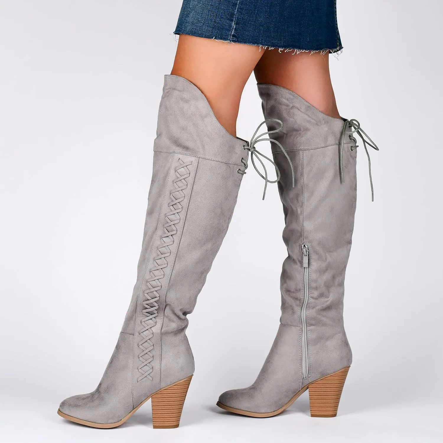 Journee Collection Womens Spritz Lace-Up Faux Suede Over-The-Knee Boots