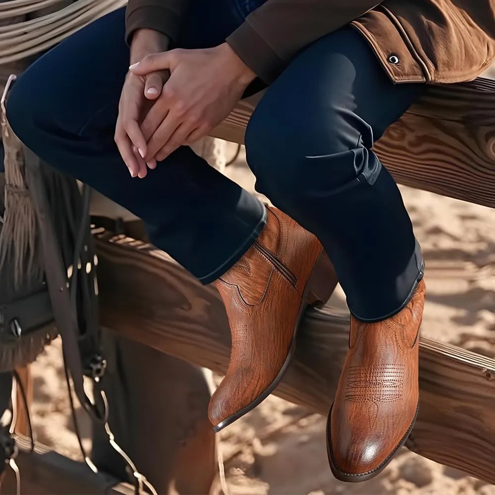 Jousen Cowboy Boots For Men Classic Western Embroidered Boots Retro Short Botas