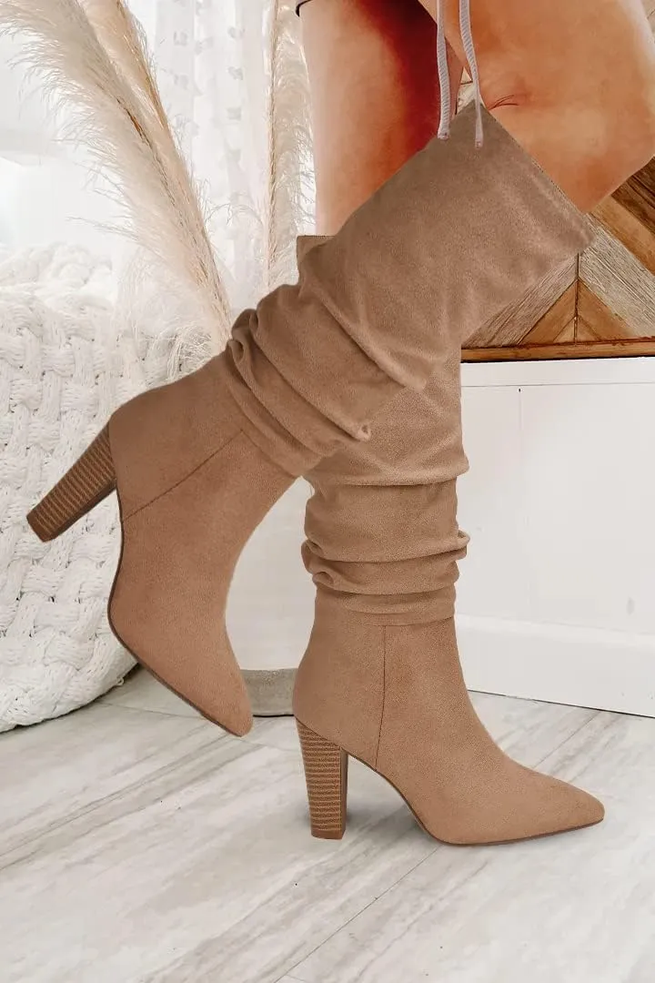 Juliet Holy Womens Knee High Boots Pointed Toe Pull On Chunky Heel Winter Booties