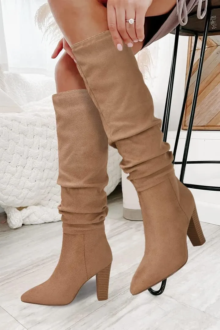 Juliet Holy Womens Knee High Boots Pointed Toe Pull On Chunky Heel Winter Booties