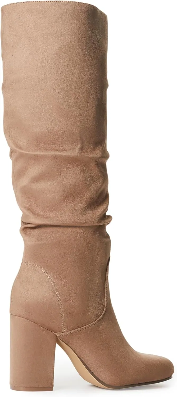 JustFab Knee High Boots Womens Point Toe Chunky Heel Tall Boots for Women High Heel Long Boots Fashion Suede Winter Boots - Leona