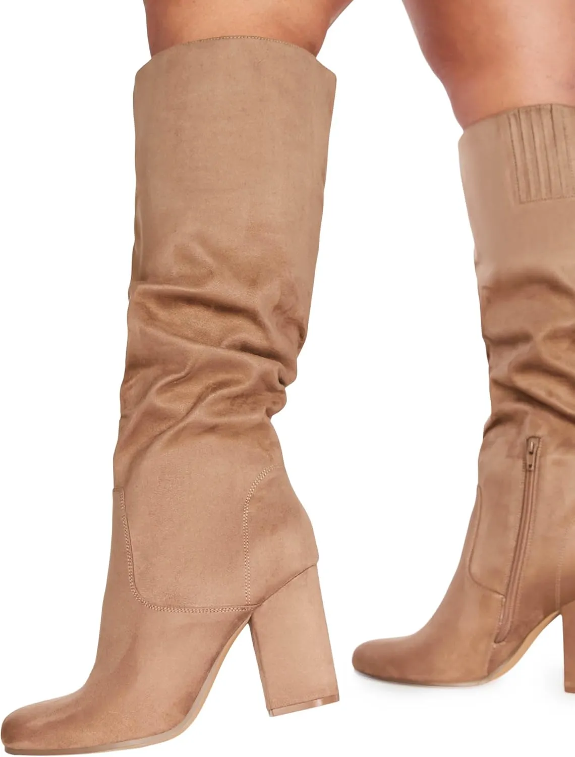 JustFab Knee High Boots Womens Point Toe Chunky Heel Tall Boots for Women High Heel Long Boots Fashion Suede Winter Boots - Leona