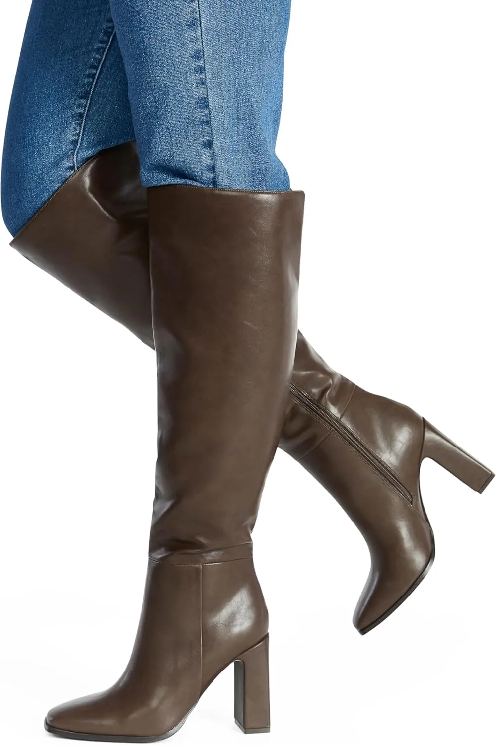JustFab Knee High Boots Womens Square Toe Chunky Heel Tall Boots for Women High Heel Side Zipper Long Boots - Monrow