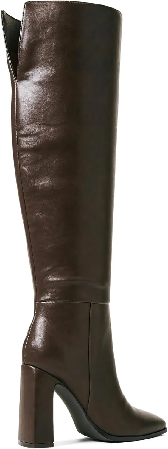 JustFab Knee High Boots Womens Square Toe Chunky Heel Tall Boots for Women High Heel Side Zipper Long Boots - Monrow
