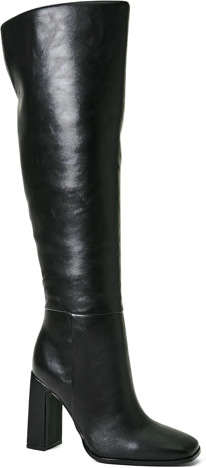 JustFab Knee High Boots Womens Square Toe Chunky Heel Tall Boots for Women High Heel Side Zipper Long Boots - Monrow
