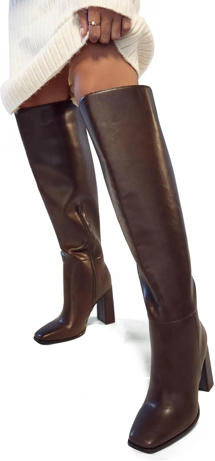 JustFab Knee High Boots Womens Square Toe Chunky Heel Tall Boots for Women High Heel Side Zipper Long Boots - Monrow