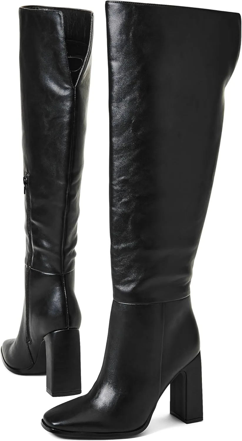 JustFab Knee High Boots Womens Square Toe Chunky Heel Tall Boots for Women High Heel Side Zipper Long Boots - Monrow