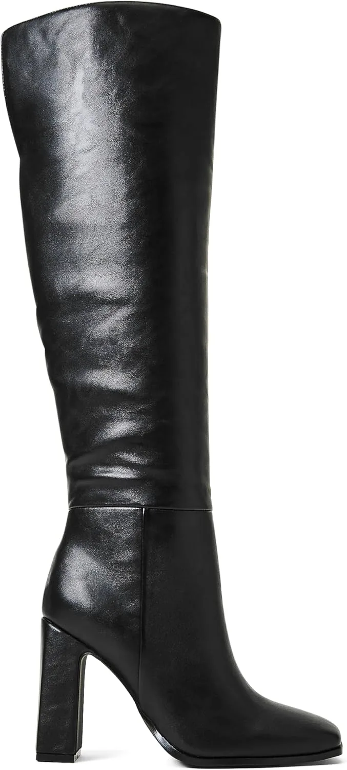 JustFab Knee High Boots Womens Square Toe Chunky Heel Tall Boots for Women High Heel Side Zipper Long Boots - Monrow