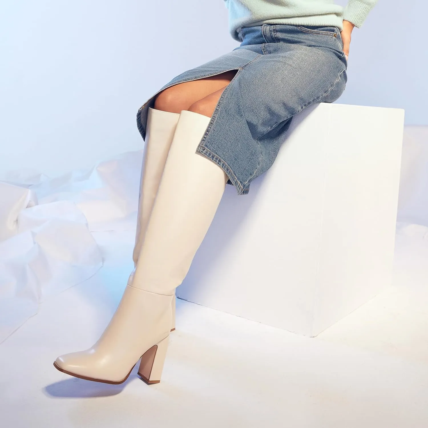 JustFab Knee High Boots Womens Square Toe Chunky Heel Tall Boots for Women High Heel Side Zipper Long Boots - Monrow