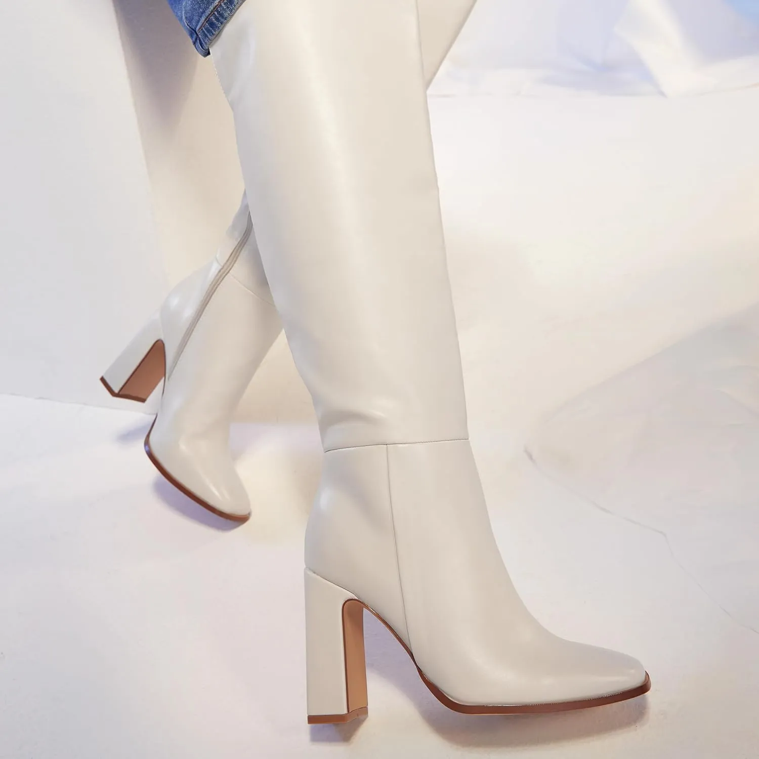 JustFab Knee High Boots Womens Square Toe Chunky Heel Tall Boots for Women High Heel Side Zipper Long Boots - Monrow