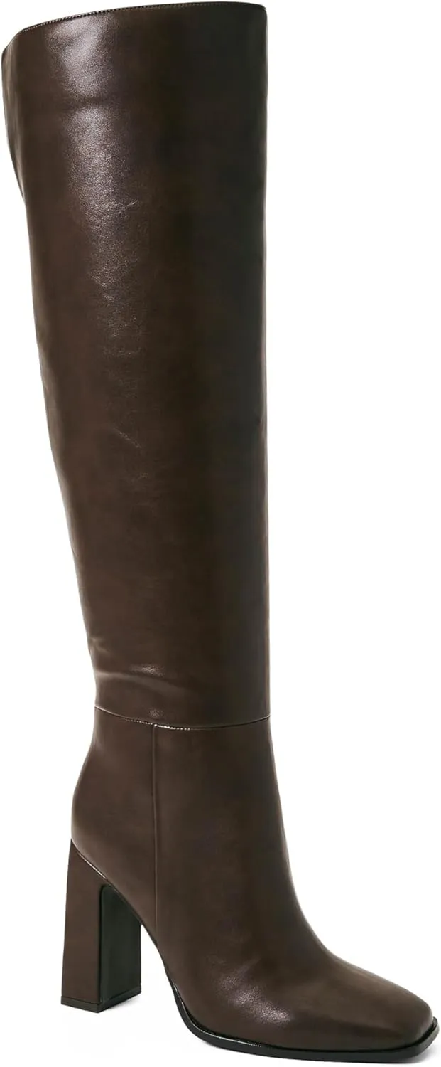 JustFab Knee High Boots Womens Square Toe Chunky Heel Tall Boots for Women High Heel Side Zipper Long Boots - Monrow