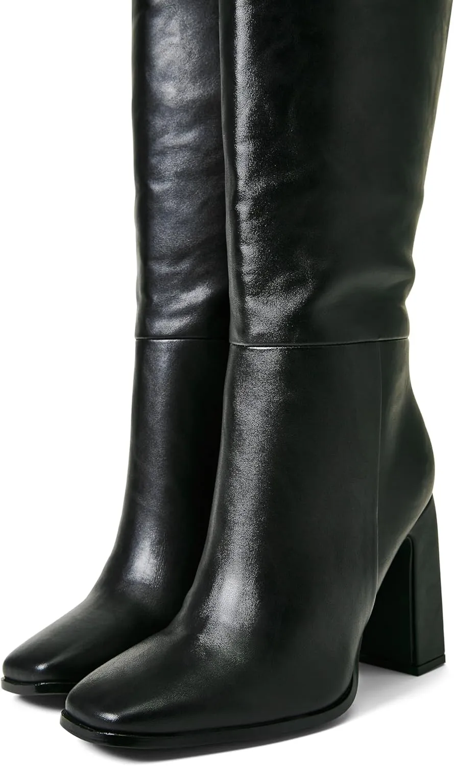 JustFab Knee High Boots Womens Square Toe Chunky Heel Tall Boots for Women High Heel Side Zipper Long Boots - Monrow