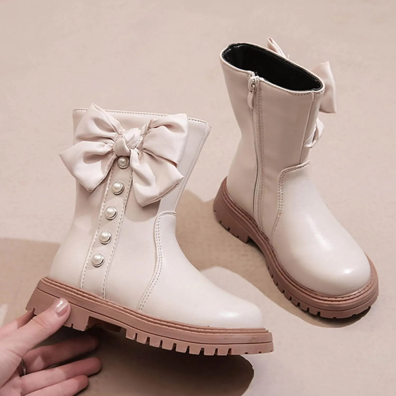 Kids Girls Knee High Heels Boots Waterproof Leather Lace-Up Side Zipper Mid Calf Boots Fall Winter Flat Riding Boots Western Cowboy Boots