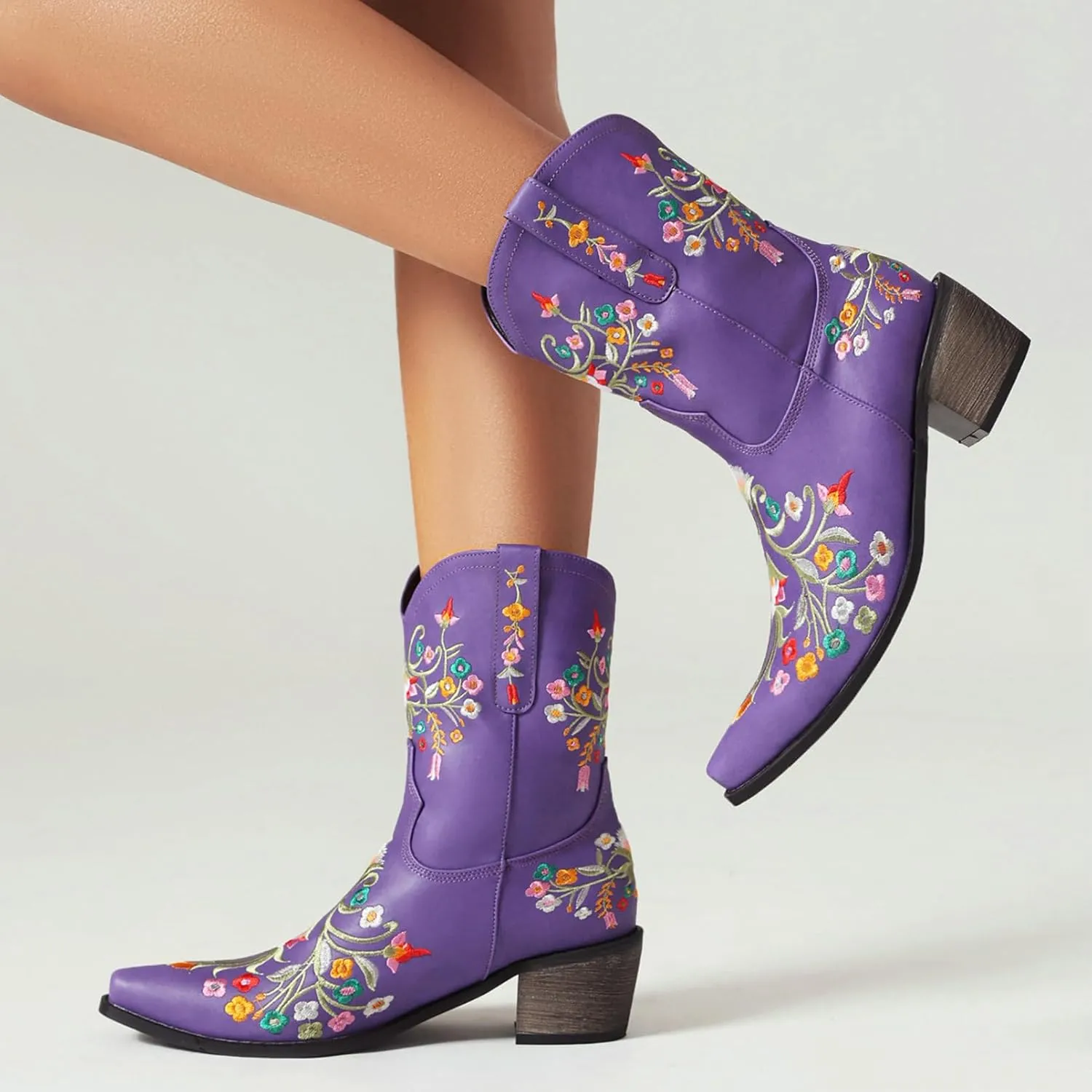 KiutSymo Cowboy Boots for Women Booties Ankle Cowgirl Boots Short Boots Square Toe Western Boots Flower Embroidered Chunky Heel Pull On Mid Calf Boots