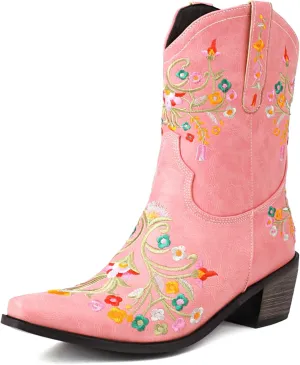 KiutSymo Cowboy Boots for Women Booties Ankle Cowgirl Boots Short Boots Square Toe Western Boots Flower Embroidered Chunky Heel Pull On Mid Calf Boots