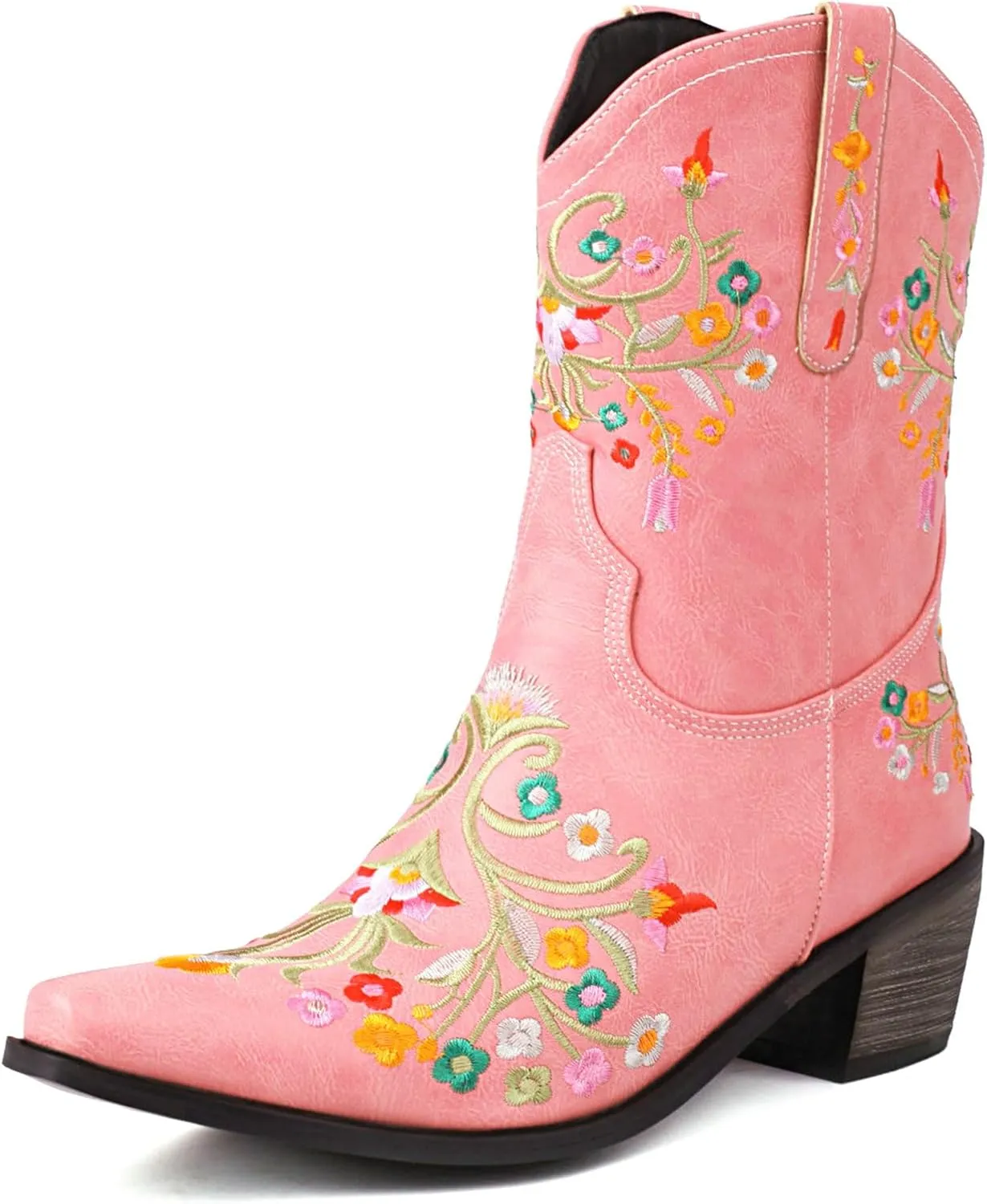 KiutSymo Cowboy Boots for Women Booties Ankle Cowgirl Boots Short Boots Square Toe Western Boots Flower Embroidered Chunky Heel Pull On Mid Calf Boots