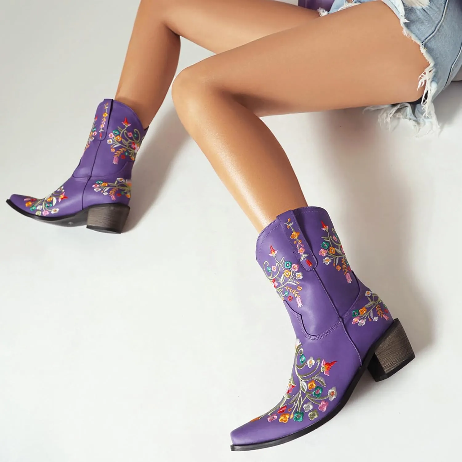 KiutSymo Cowboy Boots for Women Booties Ankle Cowgirl Boots Short Boots Square Toe Western Boots Flower Embroidered Chunky Heel Pull On Mid Calf Boots