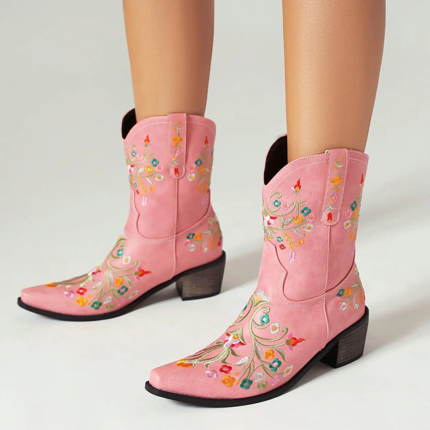 KiutSymo Cowboy Boots for Women Booties Ankle Cowgirl Boots Short Boots Square Toe Western Boots Flower Embroidered Chunky Heel Pull On Mid Calf Boots