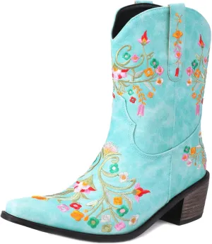 KiutSymo Cowboy Boots for Women Booties Ankle Cowgirl Boots Short Boots Square Toe Western Boots Flower Embroidered Chunky Heel Pull On Mid Calf Boots