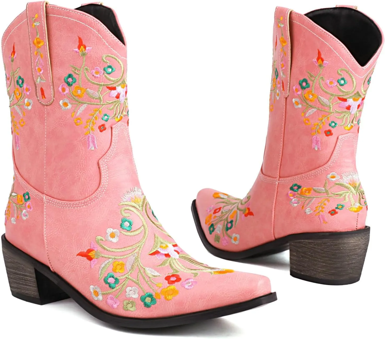KiutSymo Cowboy Boots for Women Booties Ankle Cowgirl Boots Short Boots Square Toe Western Boots Flower Embroidered Chunky Heel Pull On Mid Calf Boots