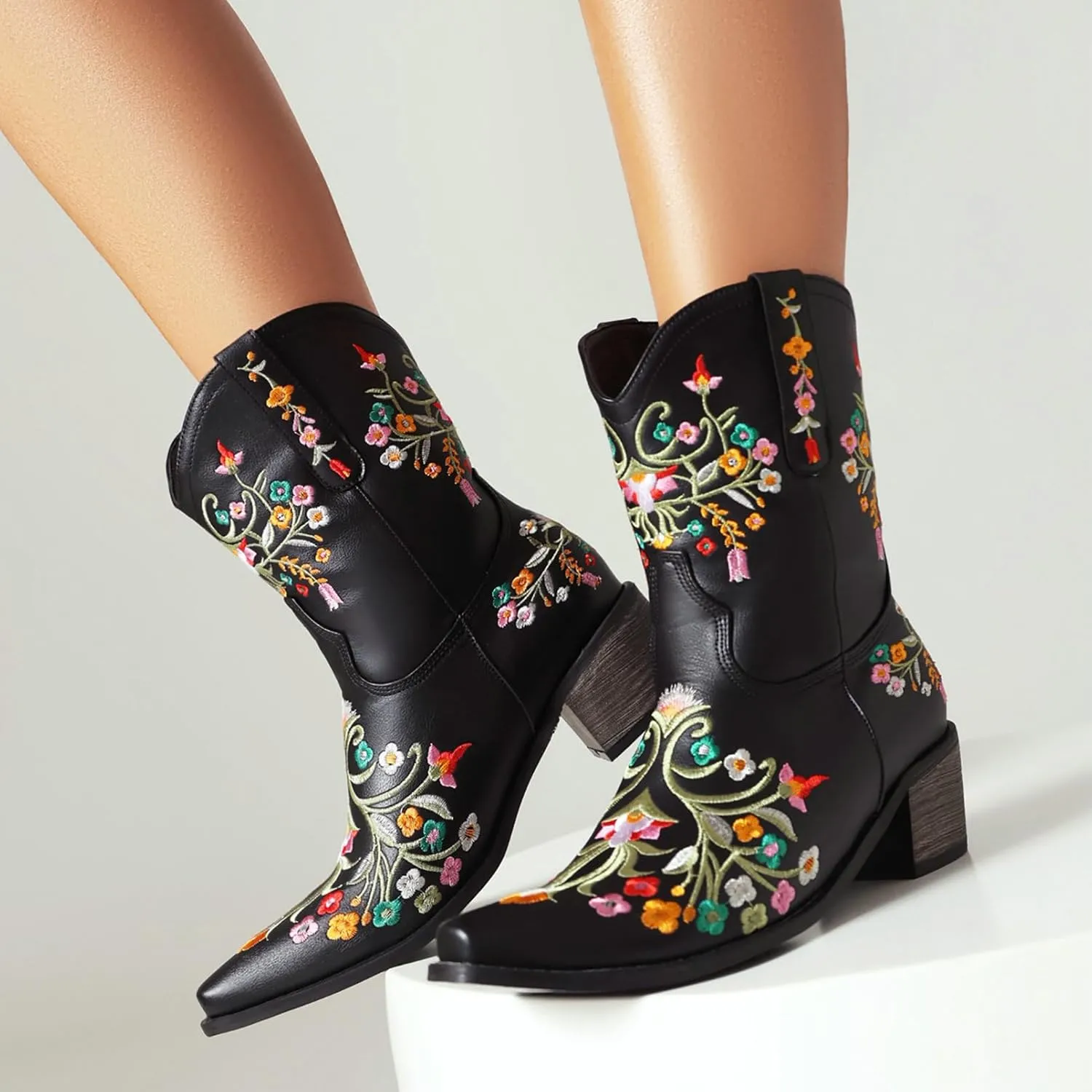 KiutSymo Cowboy Boots for Women Booties Ankle Cowgirl Boots Short Boots Square Toe Western Boots Flower Embroidered Chunky Heel Pull On Mid Calf Boots