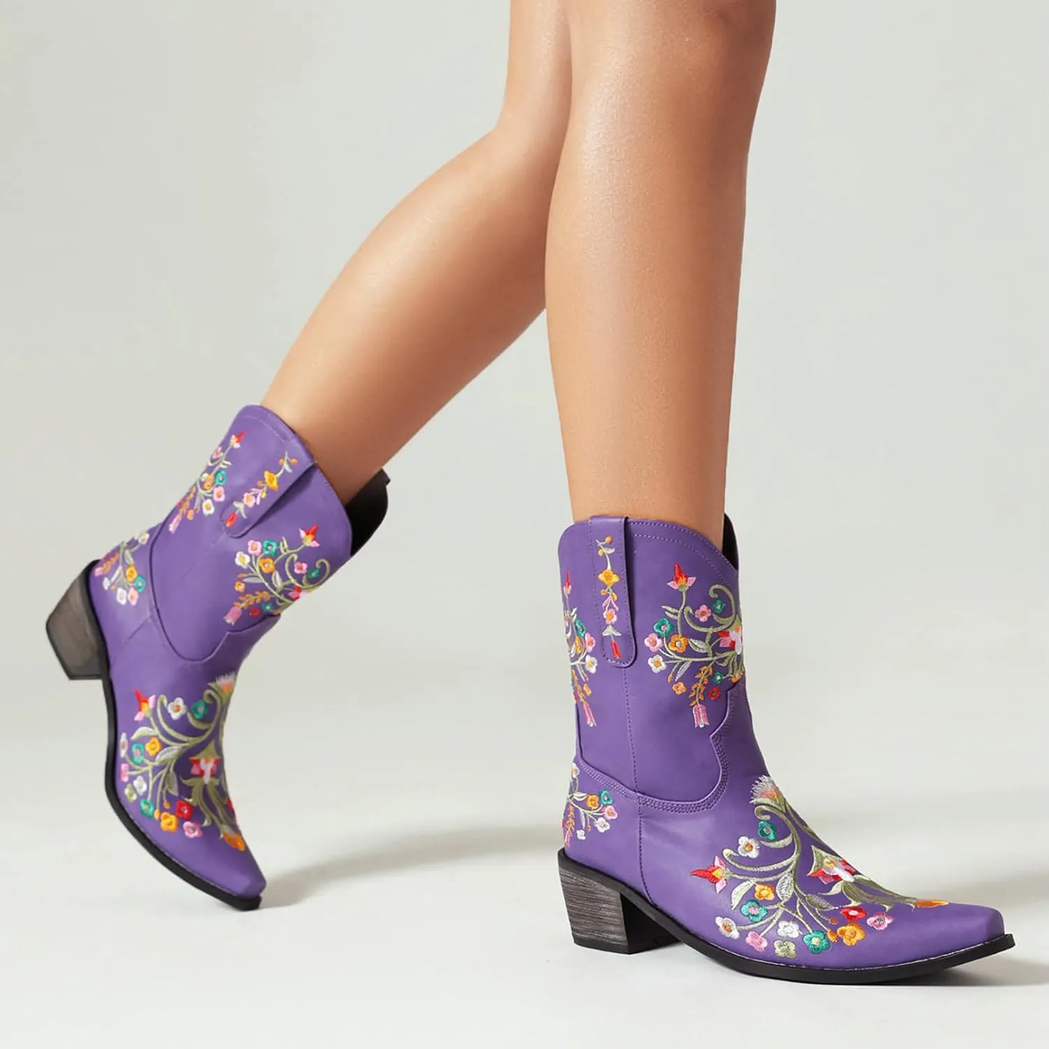 KiutSymo Cowboy Boots for Women Booties Ankle Cowgirl Boots Short Boots Square Toe Western Boots Flower Embroidered Chunky Heel Pull On Mid Calf Boots