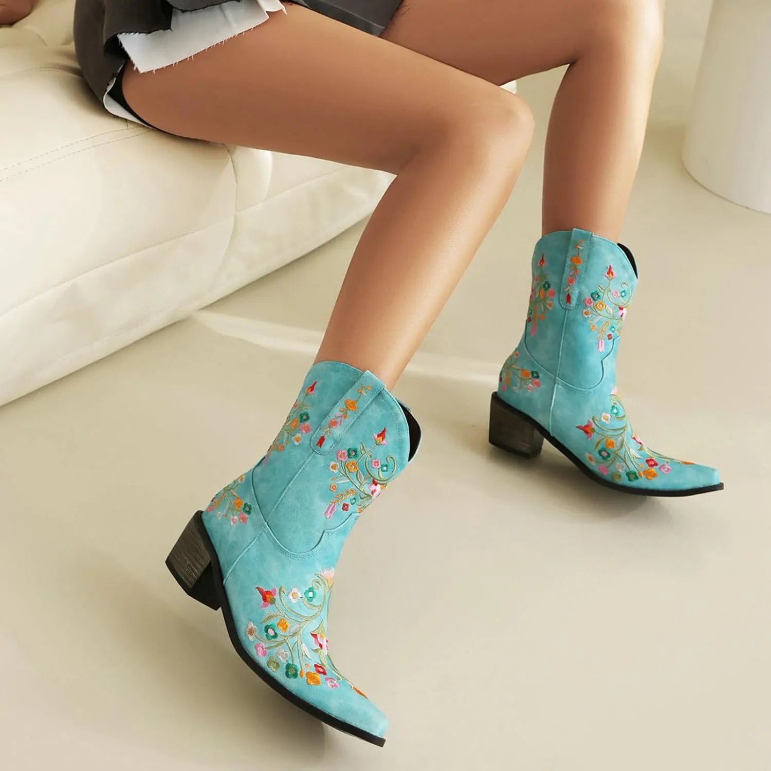 KiutSymo Cowboy Boots for Women Booties Ankle Cowgirl Boots Short Boots Square Toe Western Boots Flower Embroidered Chunky Heel Pull On Mid Calf Boots